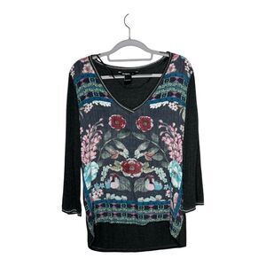 Desigual Top Womens XL Floral Boho Artsy Stretch V Neck 3/4 Sleeves Viscose